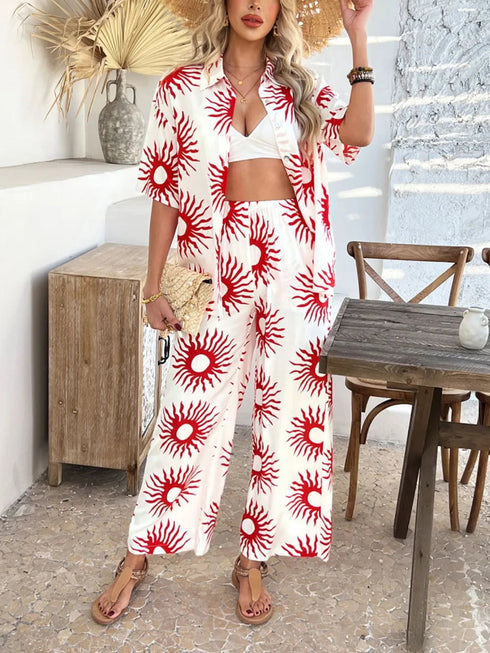 'Splendory' Collared Print Top and Pants Set - Celes Fashion